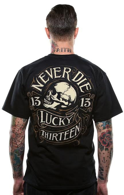 Never Die Skull on a black shirt by Lucky 13 Clothing