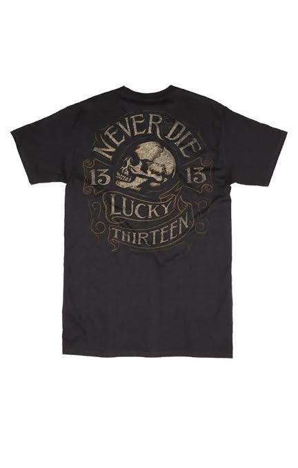 Never Die Skull on a black shirt by Lucky 13 Clothing