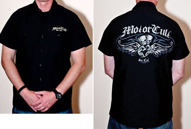 Flyin' Pistons on a black short sleeve work shirt by Motorcult (Sale price!)