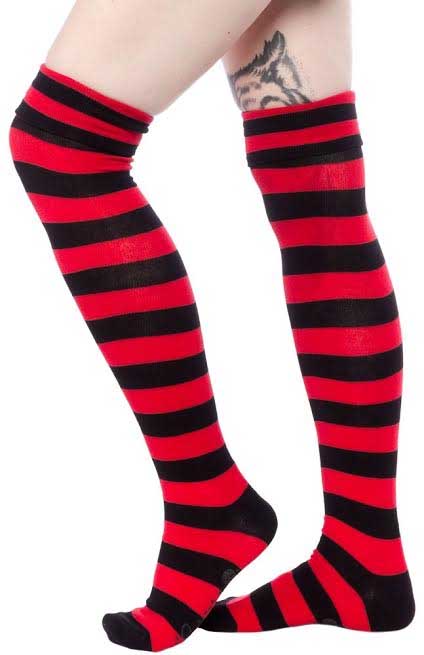 Foldover Socks by Sourpuss - in black/red stripes