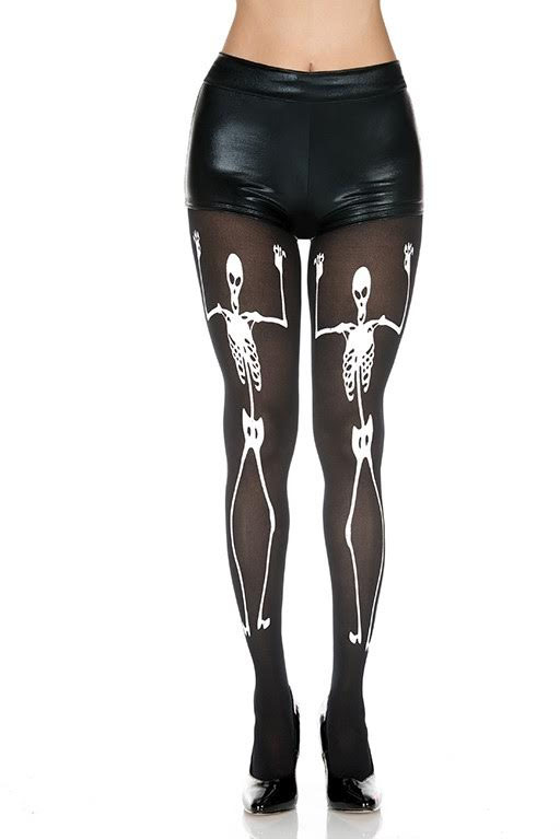 Dancing Skeleton Panty Hose - White Skeletons on Black