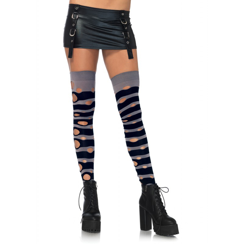Distressed Gray & Black Striped Thigh Highs