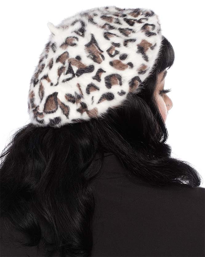 Fuzzy Leopard Faux Fur Beret by 