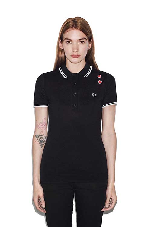 Amy Winehouse Girls Black Silk Polo Shirt With Hearts by Fred Perry