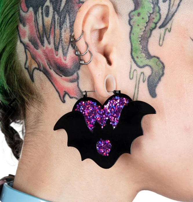 Purple Heart Bat Plug Friendly Black Oversized Hoop Earrings by Too Fast - SALE