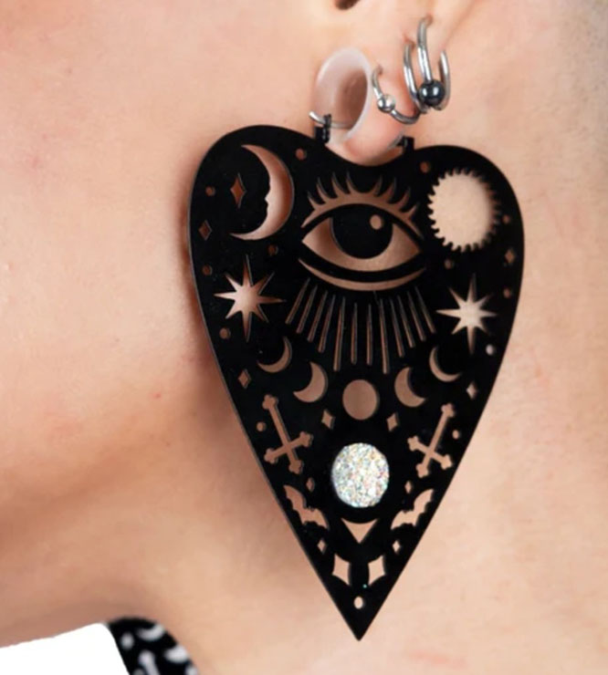 Mystical Ouija Planchette Plug Friendly Black Oversized Hoop Earrings by Too Fast