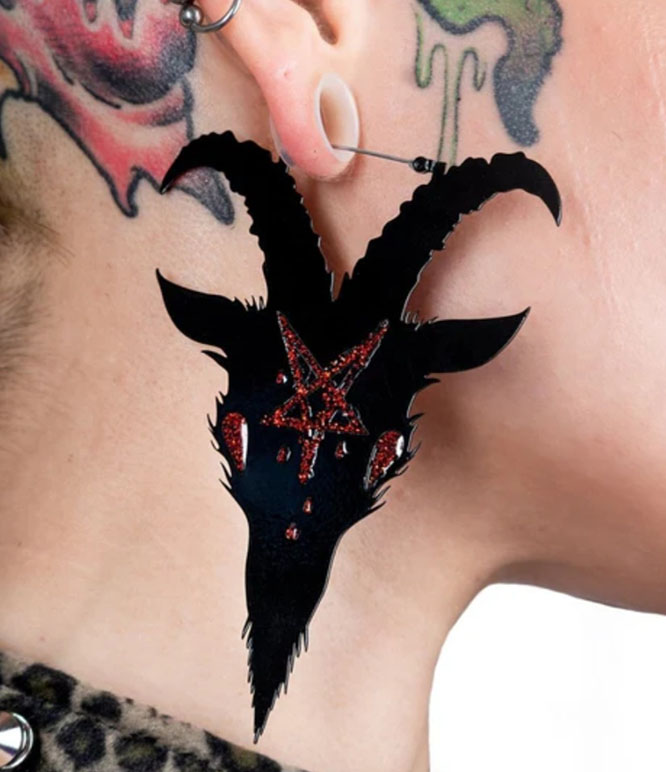 Red Pentagram Black Phillip Plug Friendly Black Oversized Hoop Earrings by Too Fast