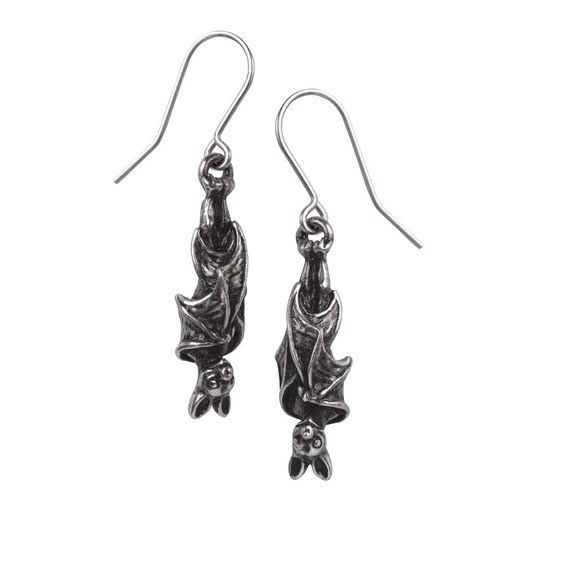 Awaiting the Eventide Sleeping Pewter Bat Dangle Earrings -by Alchemy England 1977