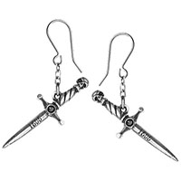 Hand of Macbeth Dangle Skull Dagger Pewter Earrings by Alchemy England 1977