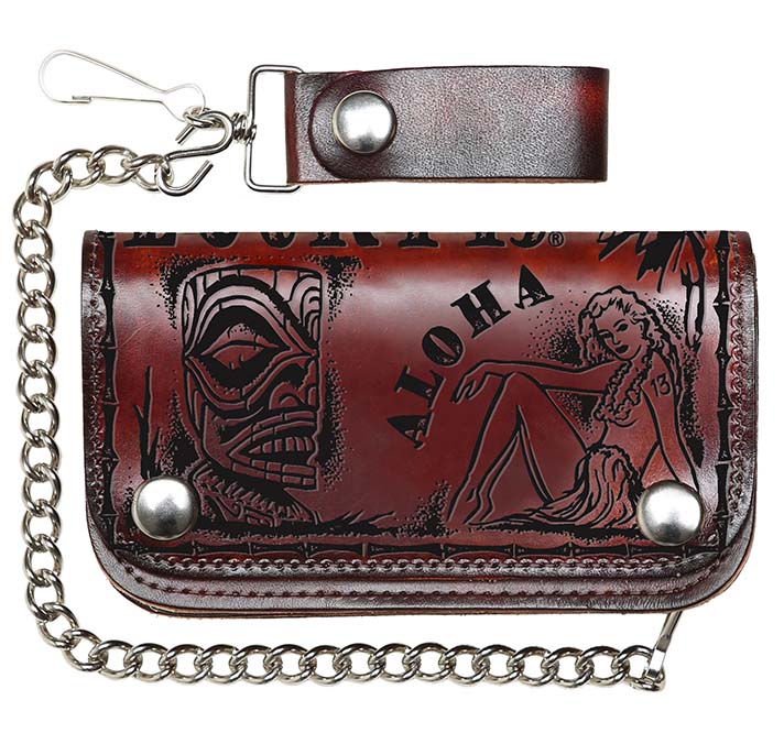 Aloha Antiqued 6 " Embossed wallet with chain by Lucky 13