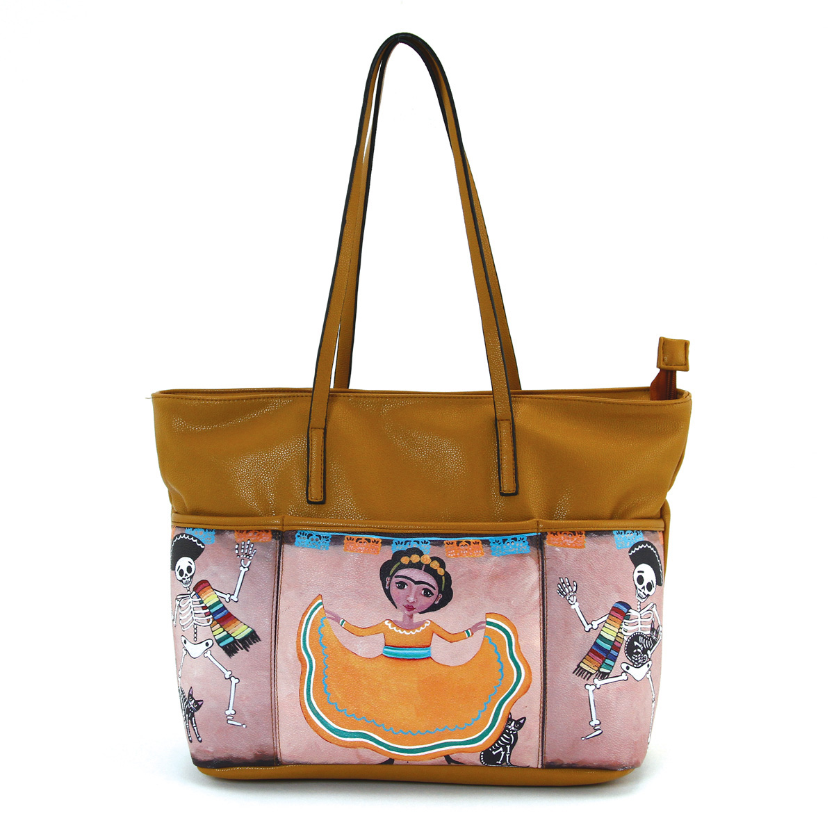 3 Pockets Dancing Frida & Maricachi Skeletons Tote by Comeco - in tan