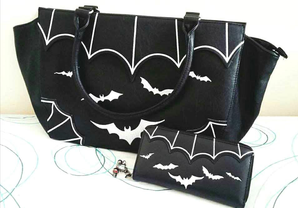 Salem Large Bat Wallet/Clutch by Banned Apparel- white embroidery