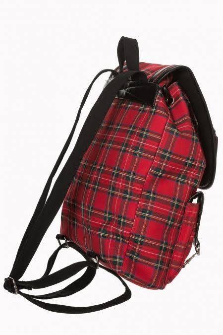 Yammy Red Plaid Bondage Strap Backpack by Banned Apparel