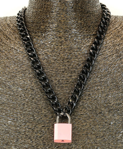 Lock & Chain Necklace by Funk Plus (Black Chain, Various Color Locks)