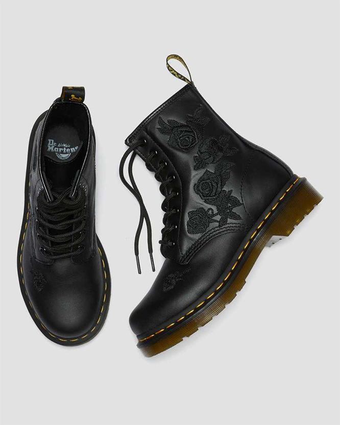 8 Eye Vonda Floral Soft Black Boots by Dr. Martens (Womens) SALE