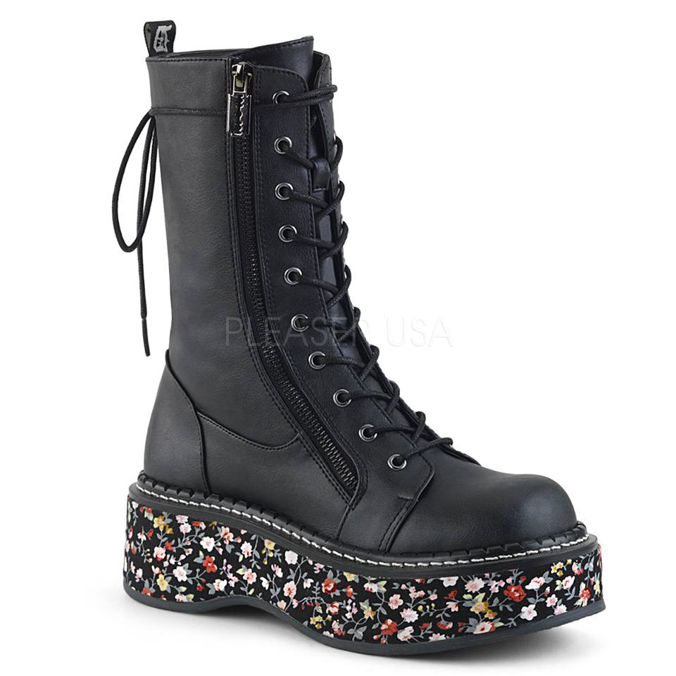 Emily 350 Floral Platform Combat Boot by Demonia Footwear in Black SALE
