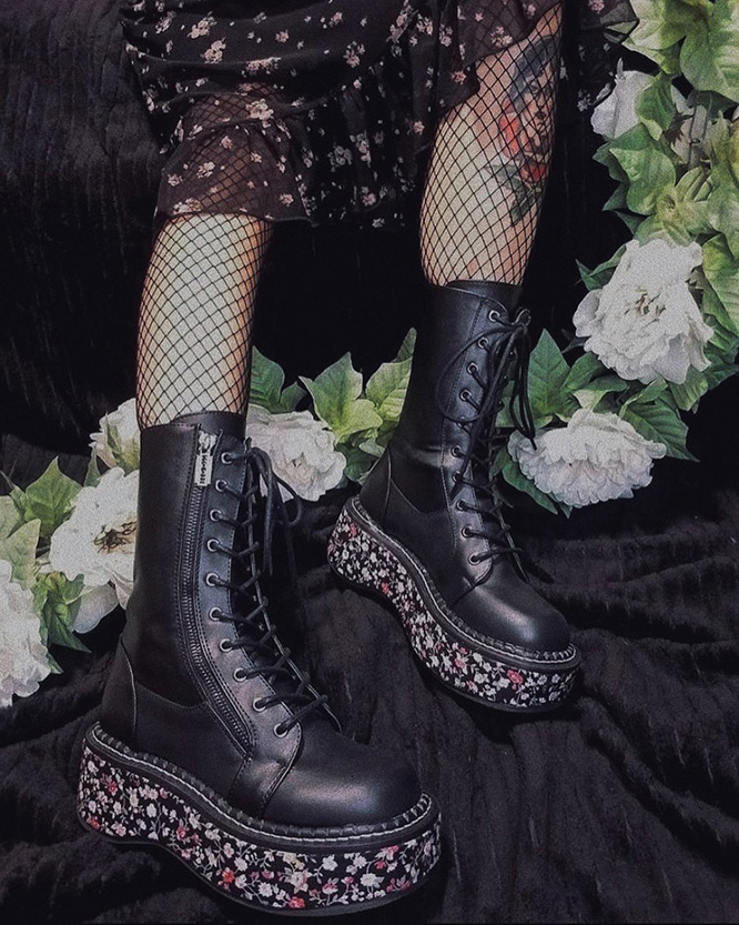 Pink Black Flowers 90s Combat Punk Platform Ankle Boots Shoes Womans Emily-350 