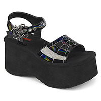 Black Patent Holo Spider Buckle & Web Sandal Funn-10 by Demonia Footwear - sz 6 only
