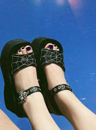 Black Patent Holo Spider Buckle & Web Sandal Funn-10 by Demonia Footwear - sz 6 only