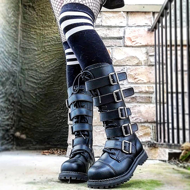 Unisex Riot Steel Toe 18 Eye Combat Boot by Demonia Footwear - in Black Leather