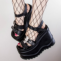 Matte Black Vegan Demonia Wave-13 Bat Buckle Wedge Platform Sandal 