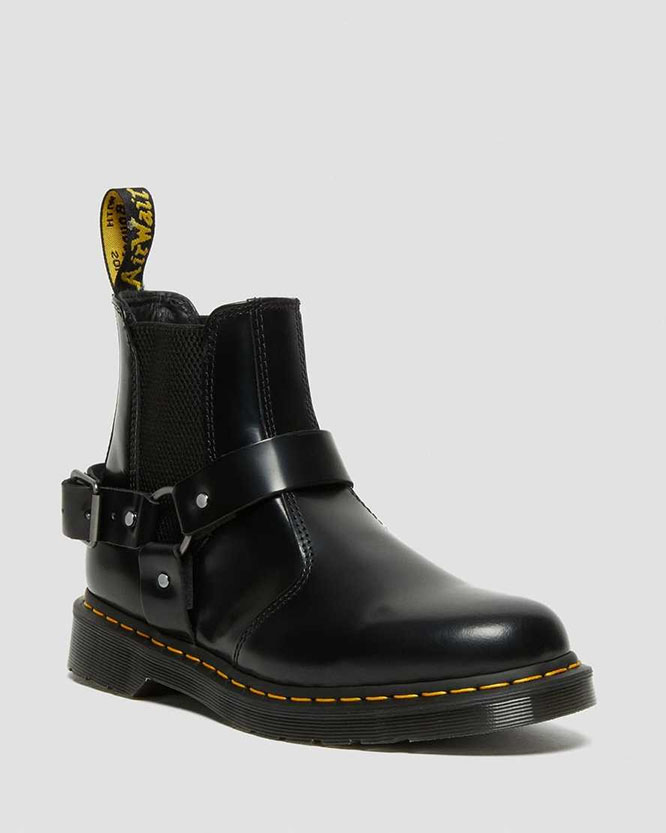 Wincox Black Smooth Buckle Harness Moto Chelsea Boot by Dr. Martens