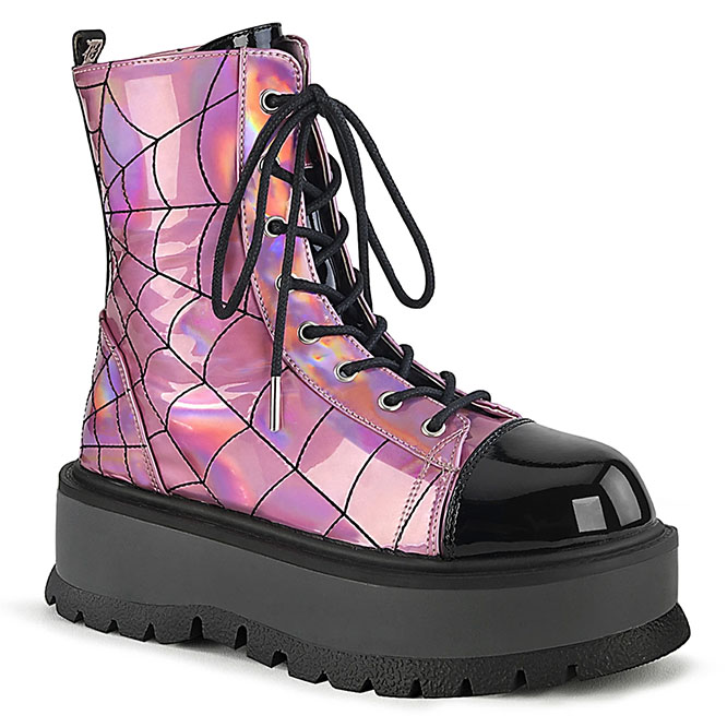 Slacker 88 Spider Web Platform Boot by Demonia Footwear (Vegan) - Hologram Pink