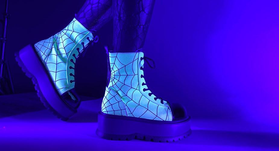 Slacker 88 Spider Web Platform Boot by Demonia Footwear (Vegan) - Glow in the Dark White