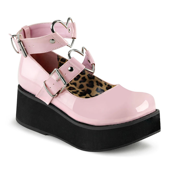 Pink Patent Vegan Sprite-02 Maryjane Heart Strap Platforms by Demonia  Footwear