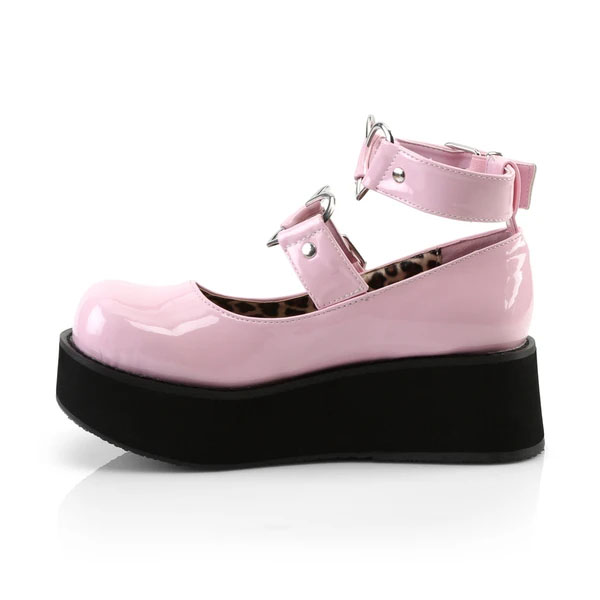 Pink Patent Vegan Sprite-02 Maryjane Heart Strap Platforms by Demonia Footwear
