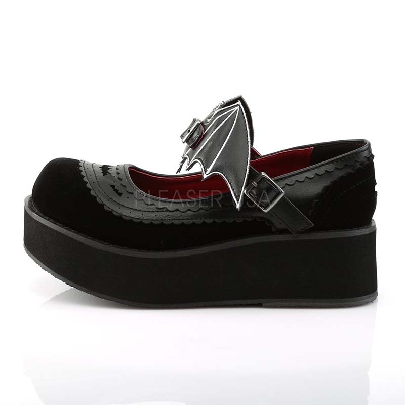 Sprite Velvet & Vegan Leather Brogue Platform Mary Jane with Bat Buckle Detail by Demonia Footwear