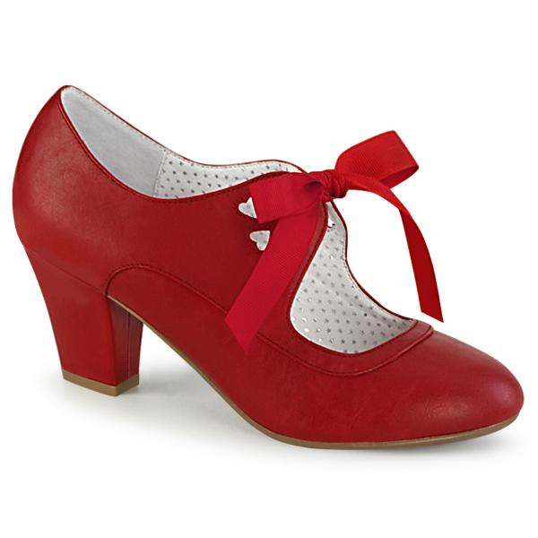 Wiggle Cuban Heel Mary Jane Pump with Ribbon Tie by Pin Up Couture / Demonia - in Red
