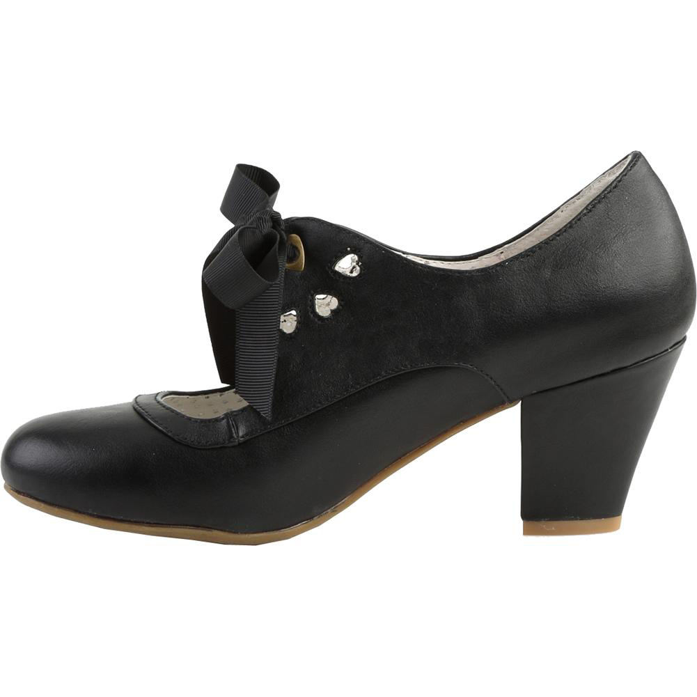 Wiggle Cuban Heel Mary Jane Pump with Ribbon Tie by Pin Up Couture / Demonia - in black