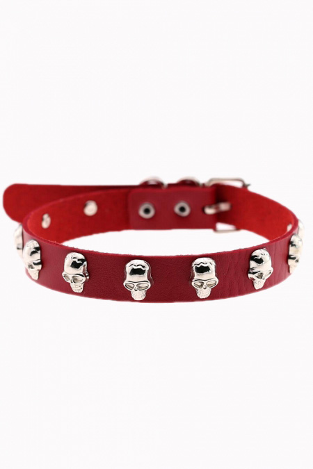 LeStrange Skull Stud Choker by Banned Apparel - in red faux leather