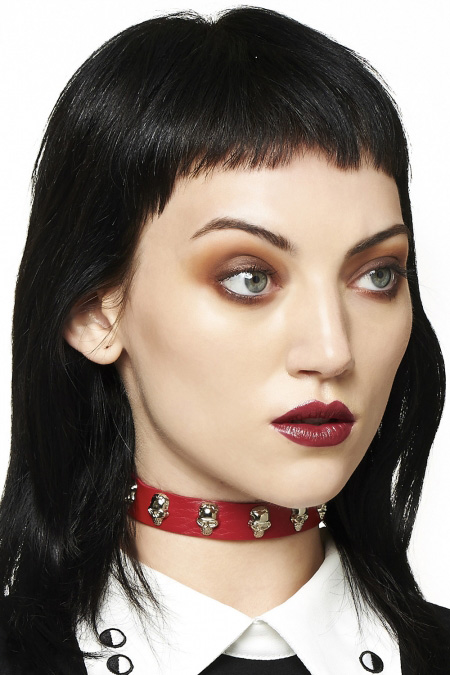 LeStrange Skull Stud Choker by Banned Apparel - in red faux leather