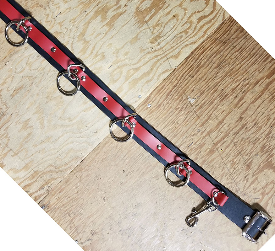 5 Ring Bondage Belt by Ape Leather Black With Red Strip