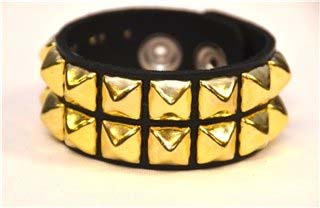2 Rows of BRASS Pyramids on a Black Leather Bracelet by Funk Plus