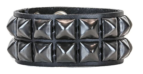 2 Rows of Black Pyramids on a Black Leather Bracelet by Funk Plus