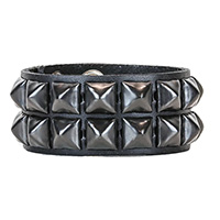 2 Rows of Black Pyramids on a Black Leather Bracelet by Funk Plus