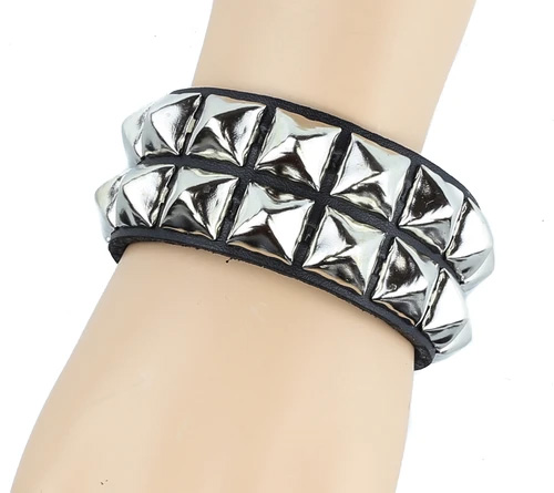 2 Rows Of Pyramids on a Black Leather Snap Bracelet by Funk Plus