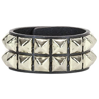 2 Rows Of Pyramids on a Black Leather Snap Bracelet by Funk Plus