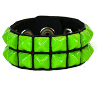 2 Rows of GREEN Pyramids on a Black Leather Bracelet by Funk Plus