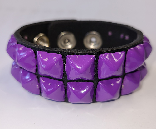 2 Rows of Purple Pyramids on a Black Leather Bracelet by Funk Plus