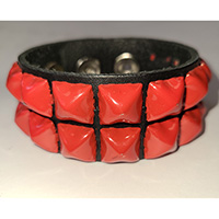 2 Rows of Red Pyramids on a Black Leather Bracelet by Funk Plus