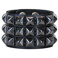 3 Rows Of BLACK Pyramids on a Black Leather Snap Bracelet by Funk Plus