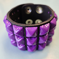 3 Rows of PURPLE Pyramids on a Black Leather Snap Bracelet by Funk Plus