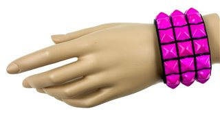 3 Rows of PINK Pyramids on a Black Leather Snap Bracelet by Funk Plus