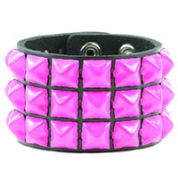 3 Rows of PINK Pyramids on a Black Leather Snap Bracelet by Funk Plus
