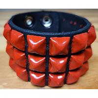 3 Rows of RED Pyramids on a Black Leather Snap Bracelet by Funk Plus