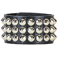3 Rows Of Cone Studs on a Black Leather Snap Bracelet by Funk Plus
